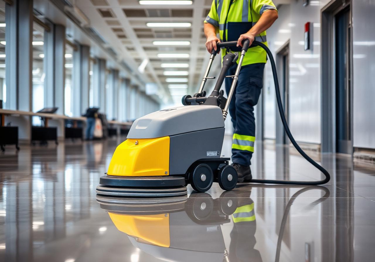 Een schoonmaakprofessional aan het werk in een bedrijfsruimte